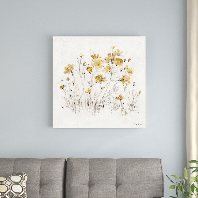 «Wildflowers II Yellow» par Lisa Audit, reproduction d'art sur toile tendue, H 30 po x l 30 po, Toile encadrée, Noyer