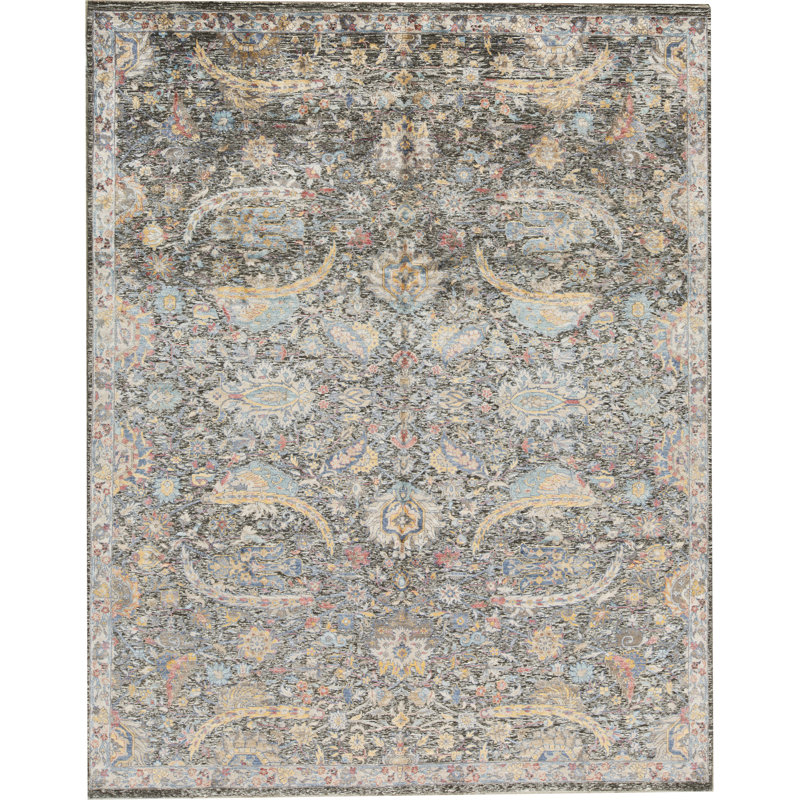 Tapis brun et bleu clair de haute qualité noué à la main