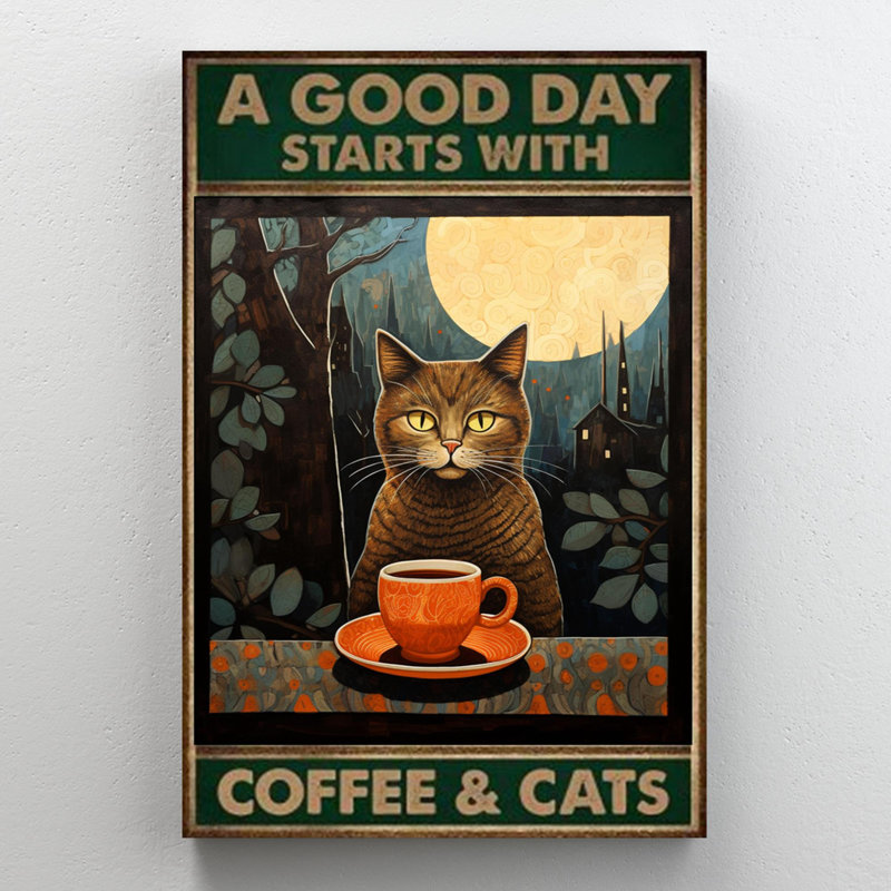 Une bonne journée commence avec du café et des chats, H 20 po x l 16 po x P 1,25 po