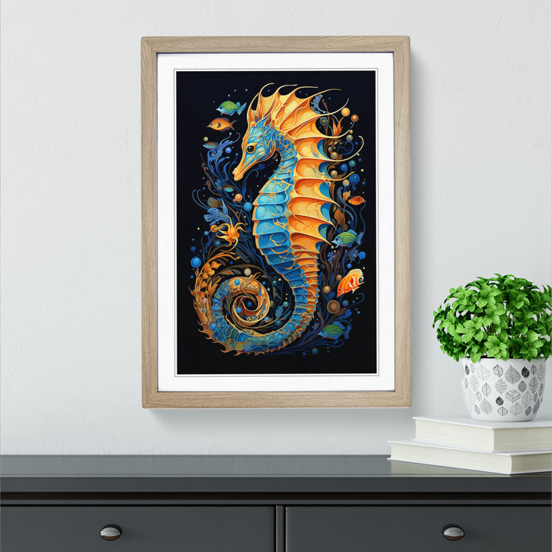 Seahorse Orphism - Single Picture Frame Print on Wood, 64cm H x 46cm W x 2cm D, Oak 