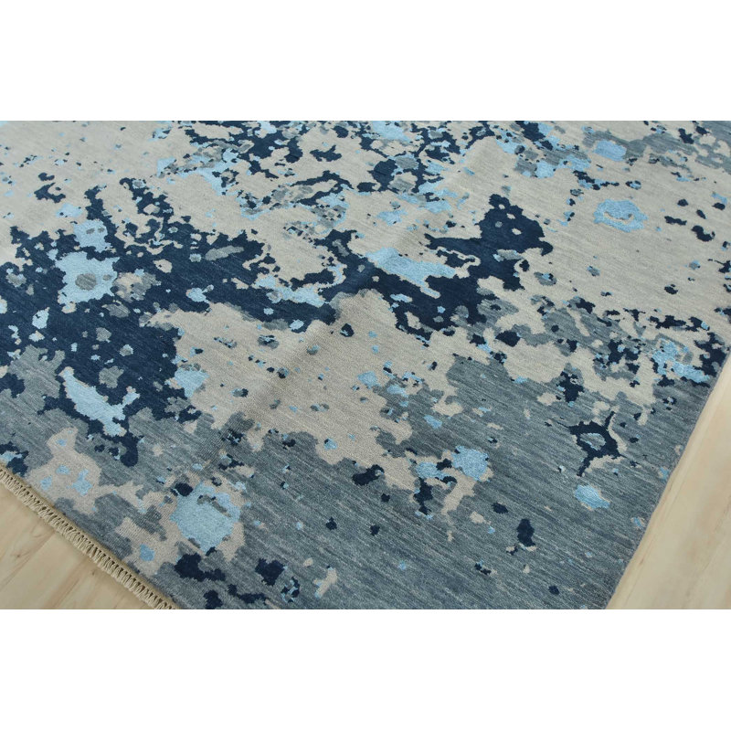 Tapis décoratif noué à la main bleu de conception unique 8 pi 1 po x 10 pi