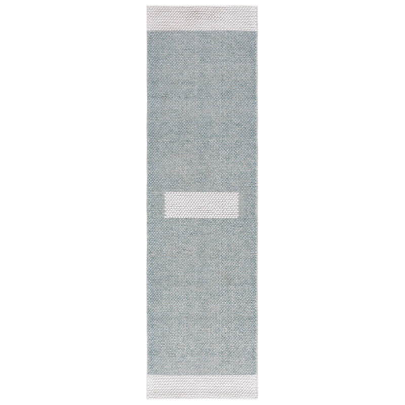Tapis turquoise / ivoire en laine tissé à plat Denbhi, Tapis de couloir 2 pi 3 po x 8 pi