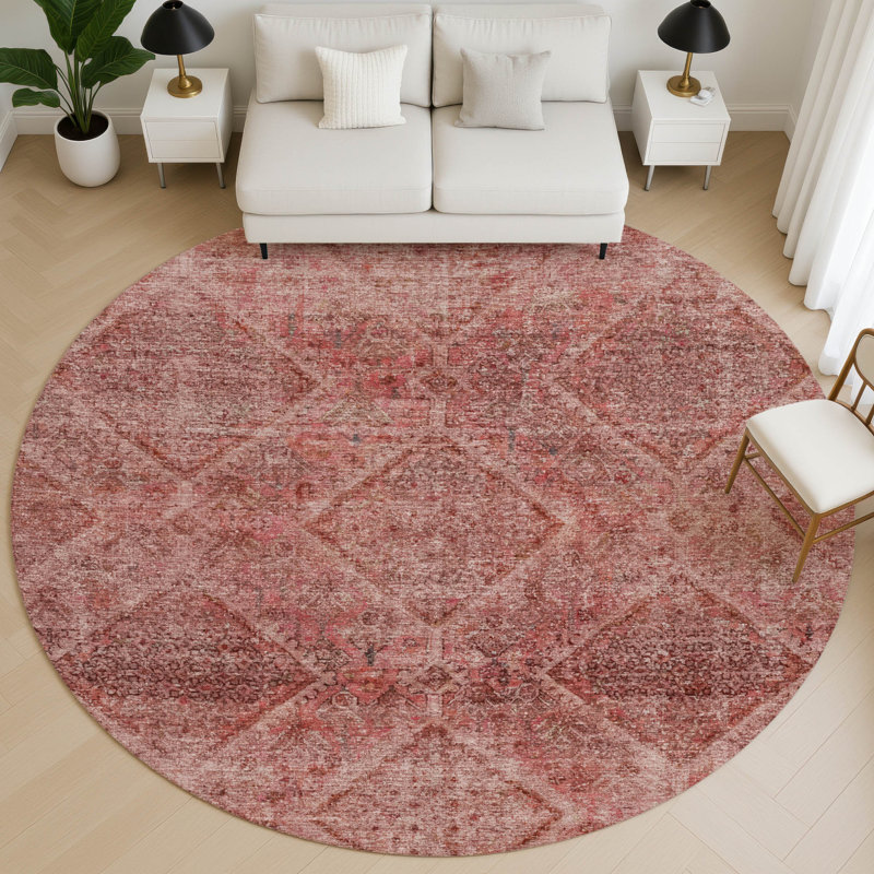 Premium Machine Washable Mayfield AMF2060 Geometric Rug, Pink, 8' Round
