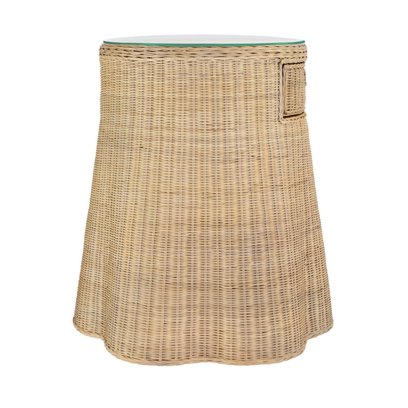 Natural Rattan Round Side Table with Glass Top and Storage
