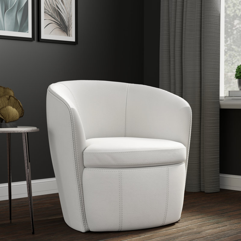 Azurdee Top Grain 100% Genuine Italian Leather Swivel Barrel Chair, Snow Genuine Leather