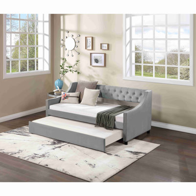Upholstered Daybed With Trundle,Sturdy Wood Bedframe With Bedframe Tufted Button & Copper Nail On Arms Design,Perfect For Bedroom,Guest Room Furniture,No Box Spring Needed