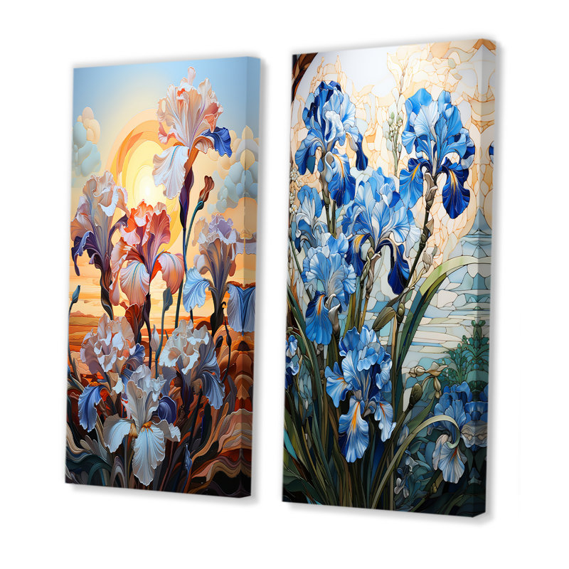 Iris sur fond de soleil au lever du soleil - Ensemble de 2 décorations murales Iris, H 32 po x l 33 po, Toile tendue