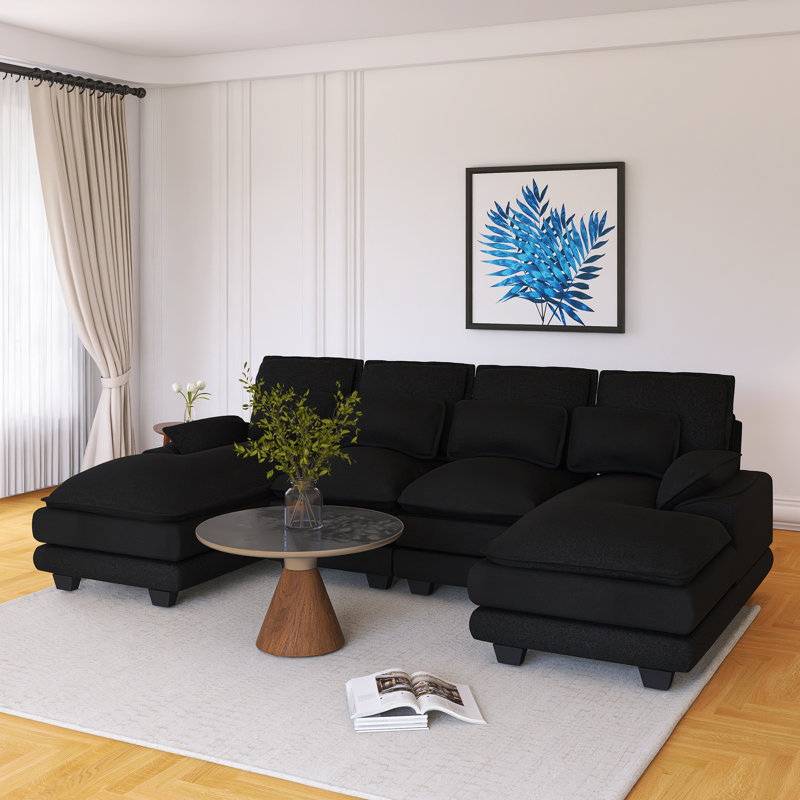 Modern U-Shaped Sectional Sofa With Waist Pillows 8-Seat Upholstered Symmetrical Sofa Furniture, Black