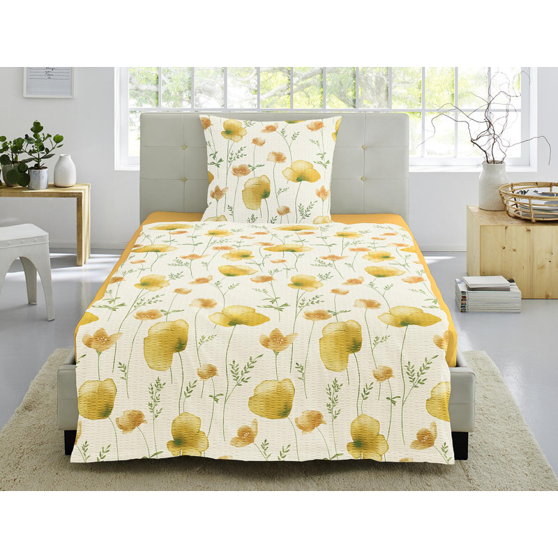 Organic Seersucker Reversible Duvet Cover Set, 155cm W x 200cm L, Yellow