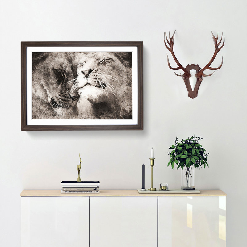 Pair of Loving Lions - Picture Frame Graphic Art Print, 48cm H x 65cm W x 2cm D, Walnut Framed