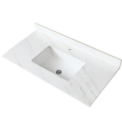 Bathroom Vanity Top 43" White - Sintered Stone With 4" Backsplash, Rectangular Sink, Pre-Drilled Faucet Hole Water-Repellent 4-Inch Attractive Look