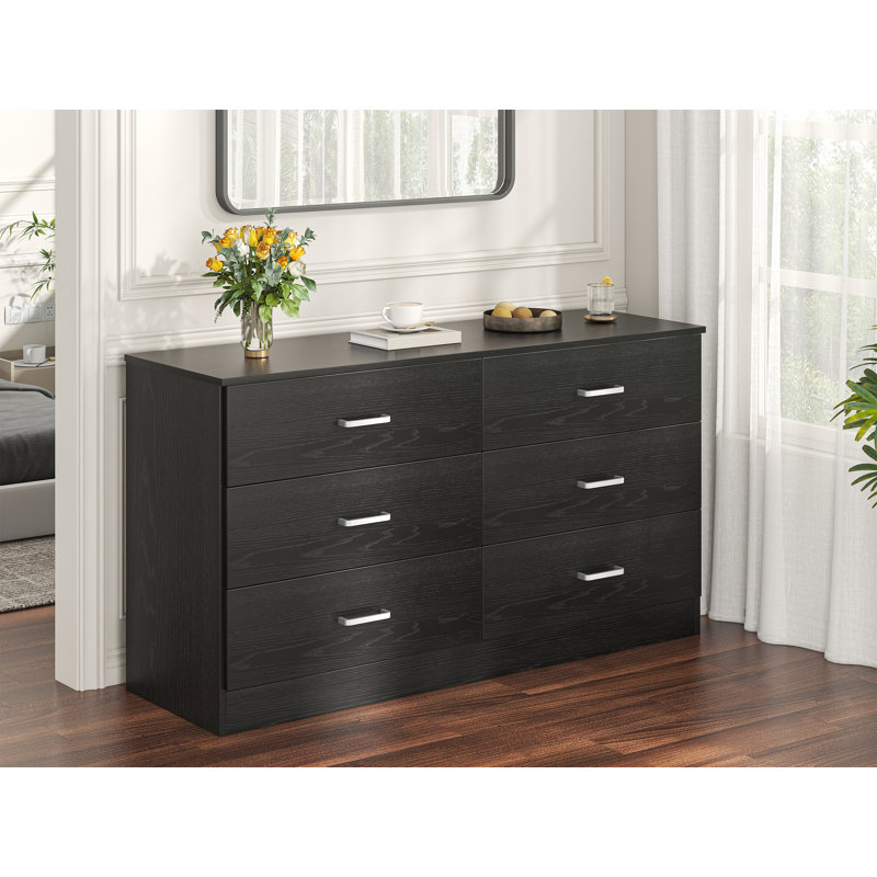 Commode double 6 tiroirs, commode de 47,3 po de largeur avec poignées en métal, armoire de rangement pour chambre à coucher