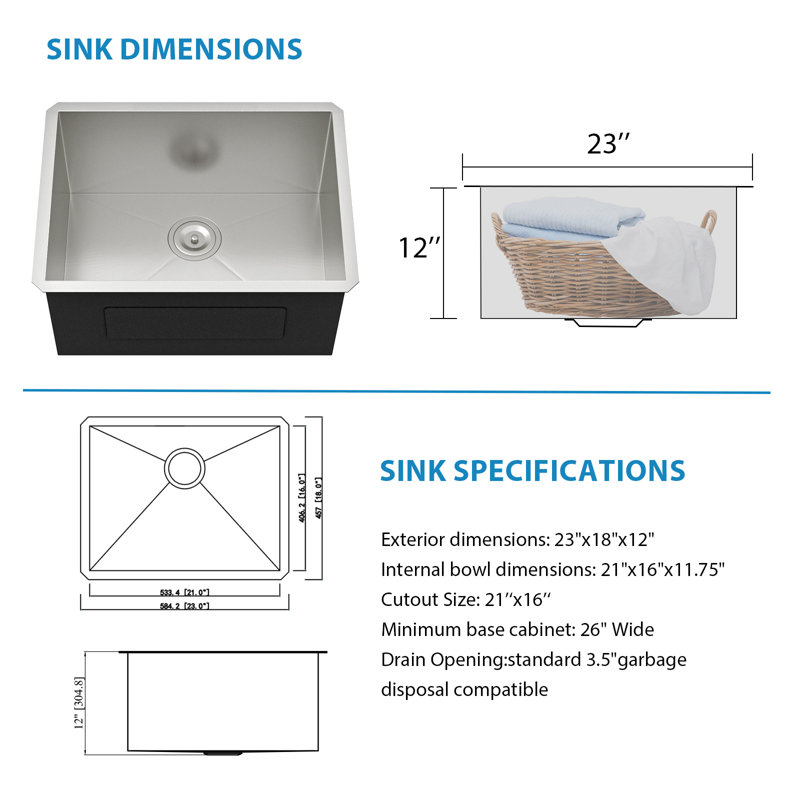 Évier de cuisine encastré à cuve simple en acier inoxydable de calibre 16 23 po x 18 po x 12 po