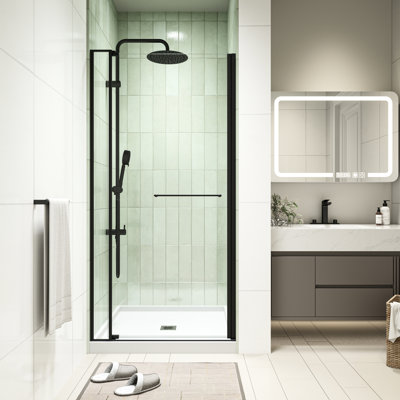 Universal Pivot Shower Door 32 - 36"W X 72"H, 1/4" And 5/16" Tempered Glass, Matted Black, 304 Stainless Steel Hinge, Leak Sealing, Magnetic Seal, Adjustable Wall Mount, 4" Adjustment, Simple