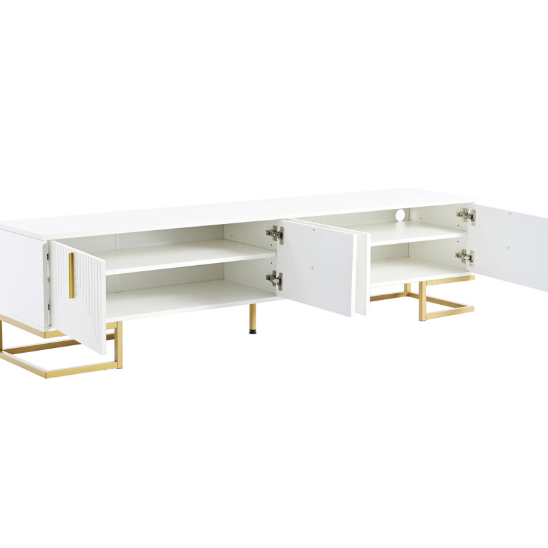 White And Gold Tv Stand With Metal Legs Adjustable Shelves, 80'' Console Geometric Lines Cabinets Patterns Designs Shelves Cabinet