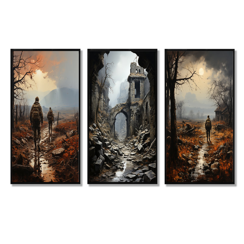 Militaire guerre paysage No Mans Land - ensemble de 3 décorations murales militaire, Cadre flottant noir, H 32 po x l 48 po