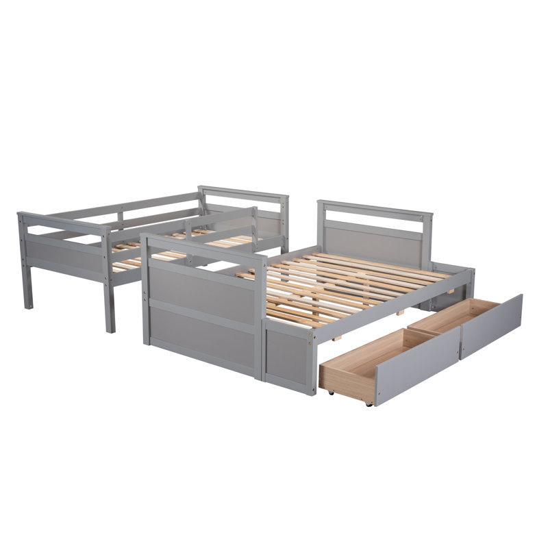 Lit simple superposé au dessus d'un lit double avec rangement - Gris, Gris