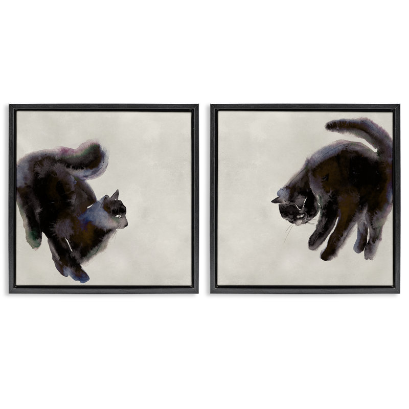 Ensemble de 2 toiles flottantes encadrées "Fuzzy Cats" par Melissa Wang, H 18 po x l 18 po, Cadre flottant noir de jais