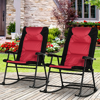 2 chaises berçantes de patio pliantes et rembourrées - rouge. Idéal pour le porche, le camping et le balcon. Coussin doux, fabrication en acier, tissu résistant aux intempéries, capacité de charge de 265 lb