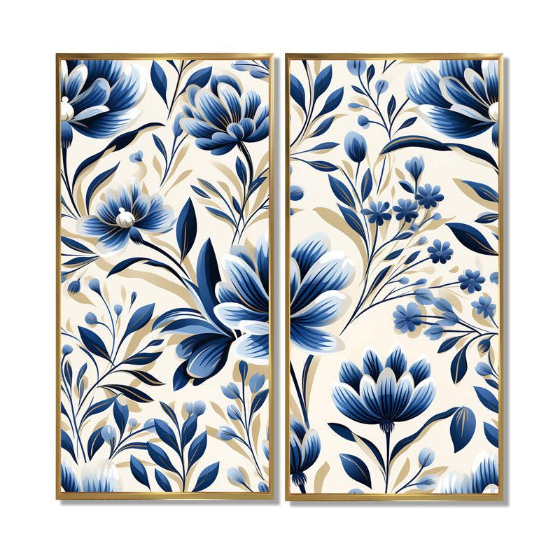 Grandes fleurs bleues et blanches damassées, H 32 po x l 32 po, Impression encadrée flottante, Doré