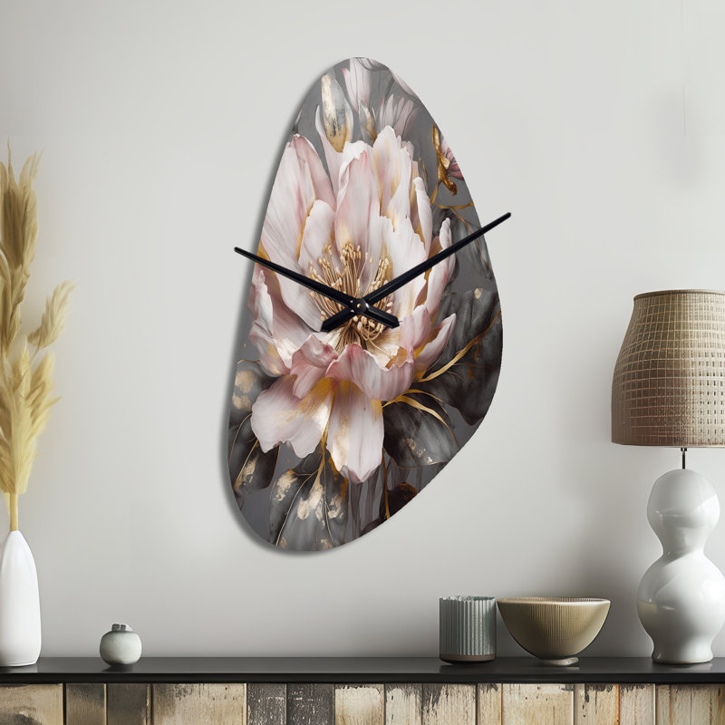 Horloge murale en forme de pivoines roses et grises roses - Blooming III, Moyenne