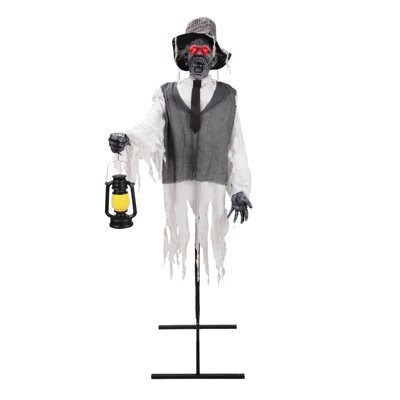 Zombie animé de 5 pi avec lanterne animée d'Halloween avec corps en mouvement et lumières DEL rouges et jaunes Haunted Hill Farm