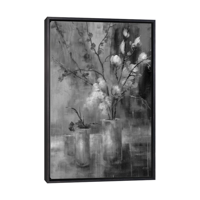 Floral argent, H 40 po x l 26 po, Toile à cadre flottant noir patiné, Noir / blanc