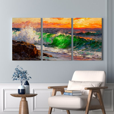 Ocean Waves Sunset Oil Painting Print Canvas Wrapped Wall Art Set of 3