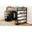 Lit mezzanine double en métal avec tablettes de rangement, armoires et garde-robe, noir