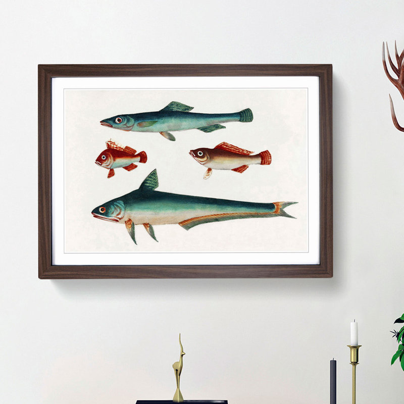 Two Brown and Green Fish - Picture Frame Painting Print, 36cm H x 48cm W x 2cm D, Walnut Framed