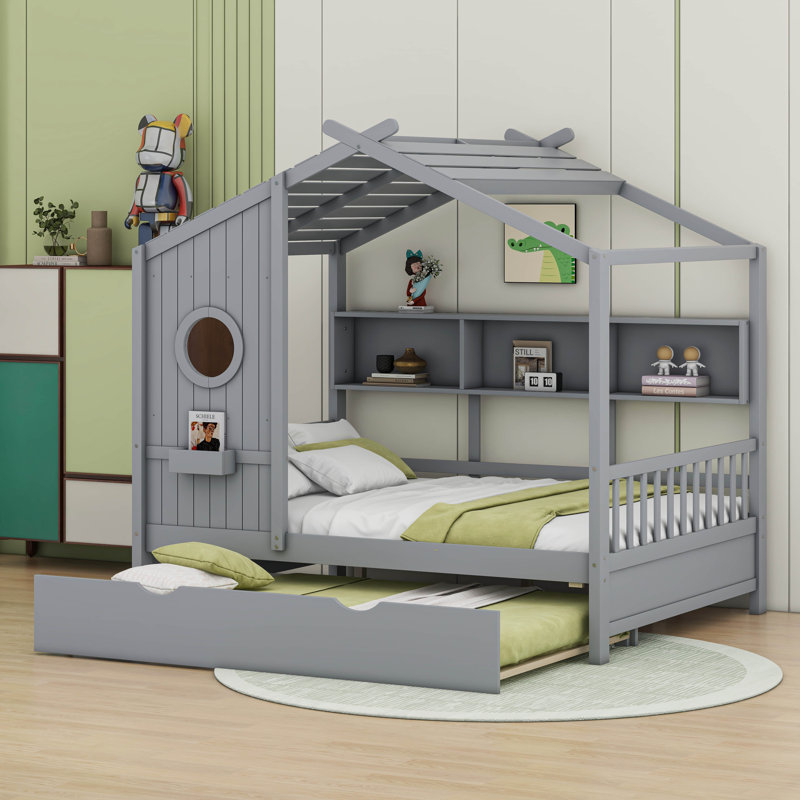 Lit avec lit gigogne et rangement Anallely, Gris, Double