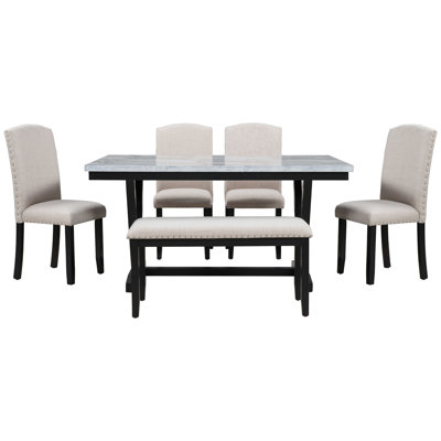 Modern Style 6-Piece Dining Table With 4 Chairs & 1 Bench, Table With Marbled Veneers Tabletop And V-Shaped Table Legs
