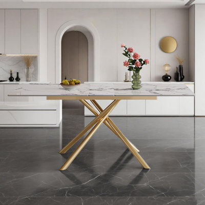 Table de salle à manger extensible Modern Modern avec rallonge rétractable, plateau en pierre frittée et base en X en acier au carbone doré, table robuste pour 4 à 6 personnes