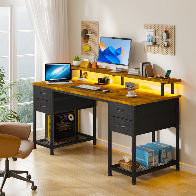 47"W Computer Desk With Charging Station & Led Lights,Office Desk With 4 Fabric Drawers & 2 Storage Shelves, Brown/Black
