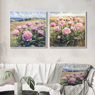 Pivoines par le champ de récoltes I - décorations murales pivoines - art mural traditionnel 2 pièces