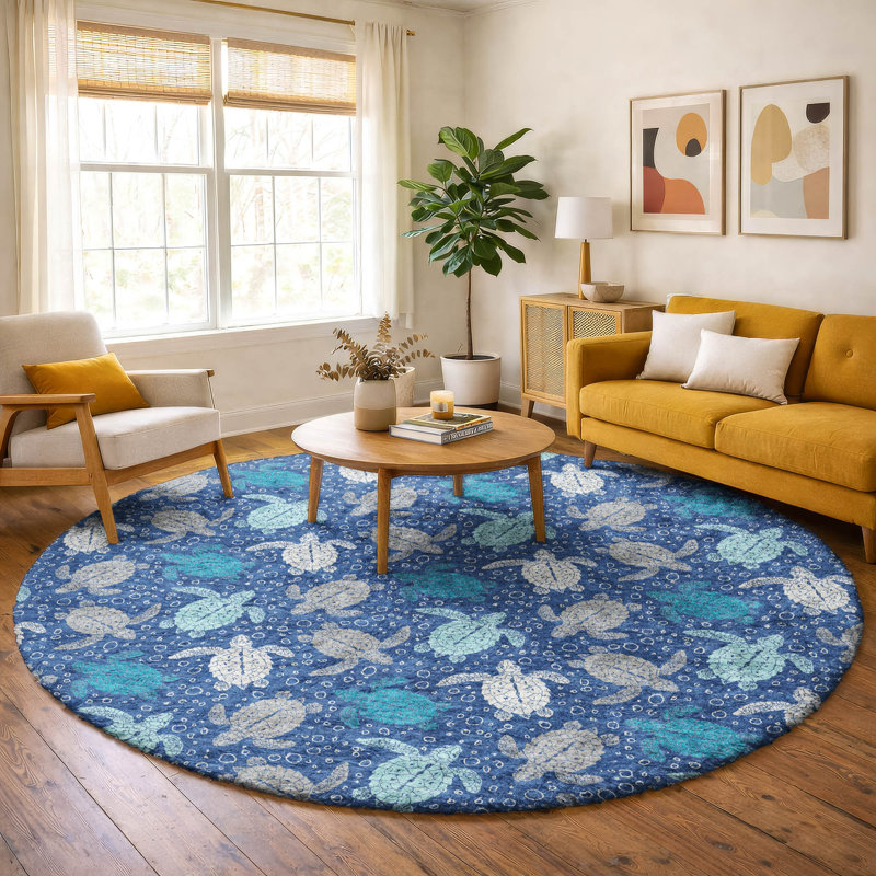 Premium Machine Washable Dream Shag ADS192 Turtles Rug, Blue, 8' Round