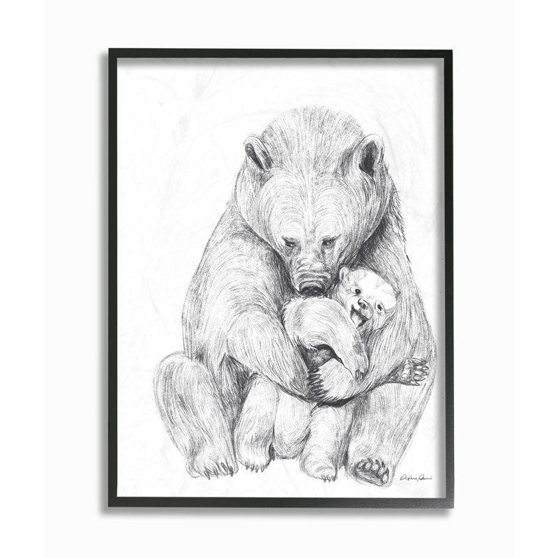 «Bear Family Animal Neutral Gray Dessin», impression, Giclée encadrée noir minuit, H 14 po x l 11 po