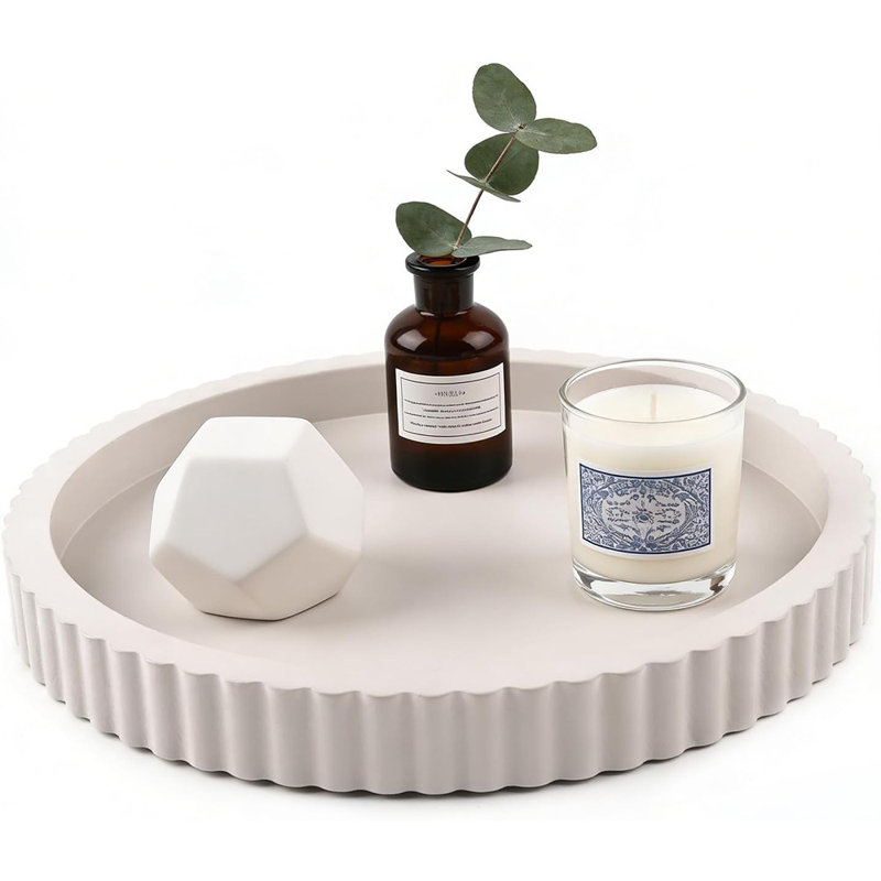Modern Wooden Decorative Tray, Round Tray For Coffee Table, Candle, Perfume, Vanity, And Kitchen Counter, Beige