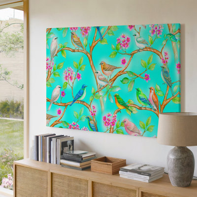 Vibrant Birds With Blooming Cherry Blossoms On Turquoise Decor Canvas Wall Art Print For Living Room, Bedroom, Office, Hallway, Entryway, Gallery Wall And Modern Home Decor