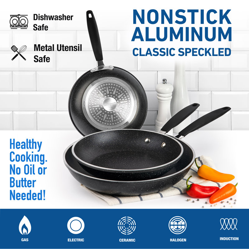 Black Aluminum Nonstick 3-Piece Frying Pan Set with Rubber Handles