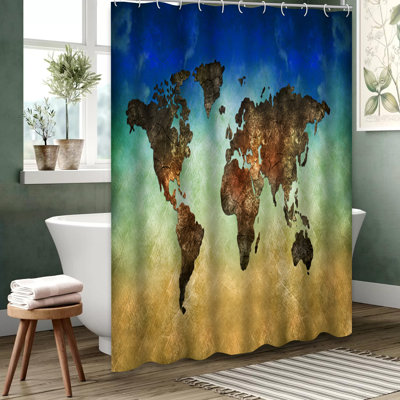 Art World Map Flat Continents Shower Curtain with 12 Hooks