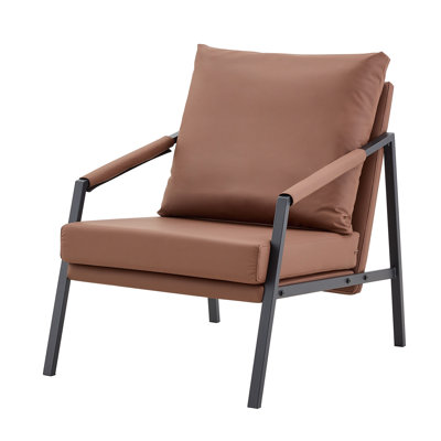 Modern Faux Leather Accent Chair, Upholstered Single Sofa Armchair with Sturdy Black Metal Frame, Industrial Lounge Reading Chair for Living Room Bedroom Office Waiting Room, brown