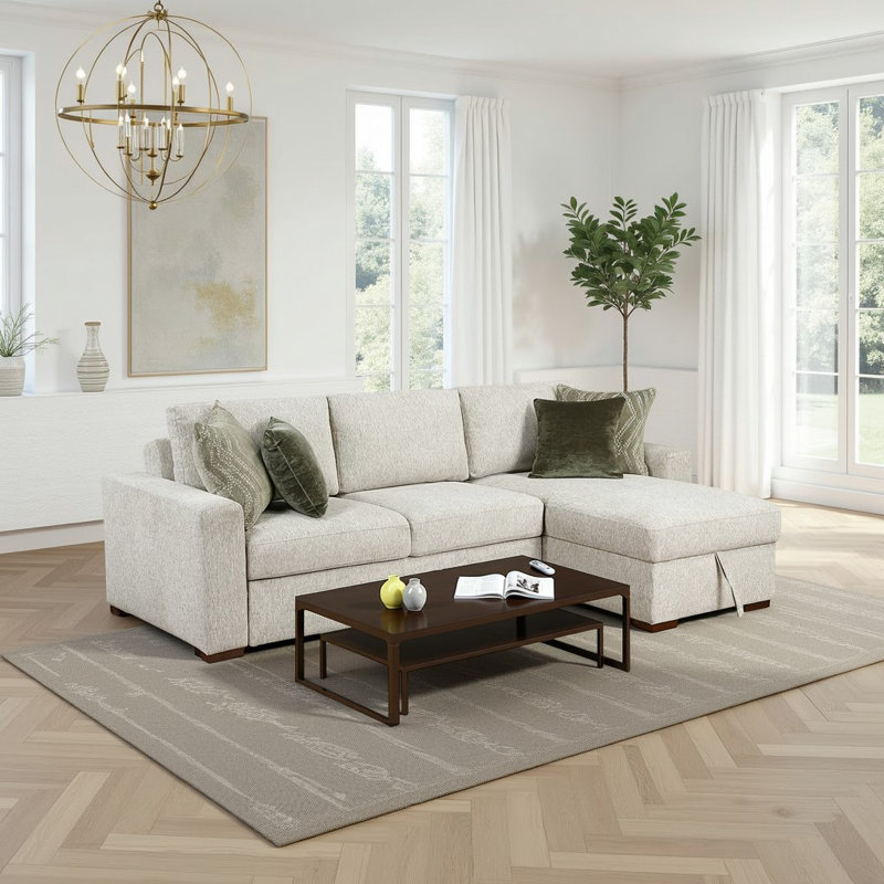  Canapé modulaire moderne et contemporain en microfibre réversible de 110,5 po Orrin avec rangement peu encombrant, méridienne confortable, coussins inclus et conception polyvalente.