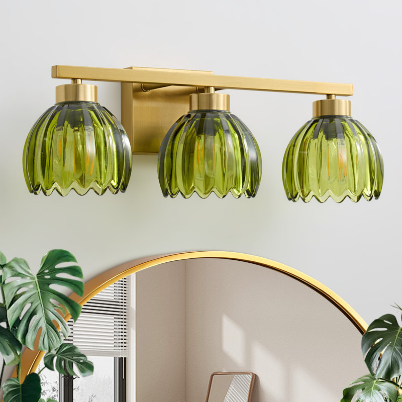 3-Light Dimmable Vanity Light With Green Vintage Floral Tulip Glass Shade, Green, 3 Lights