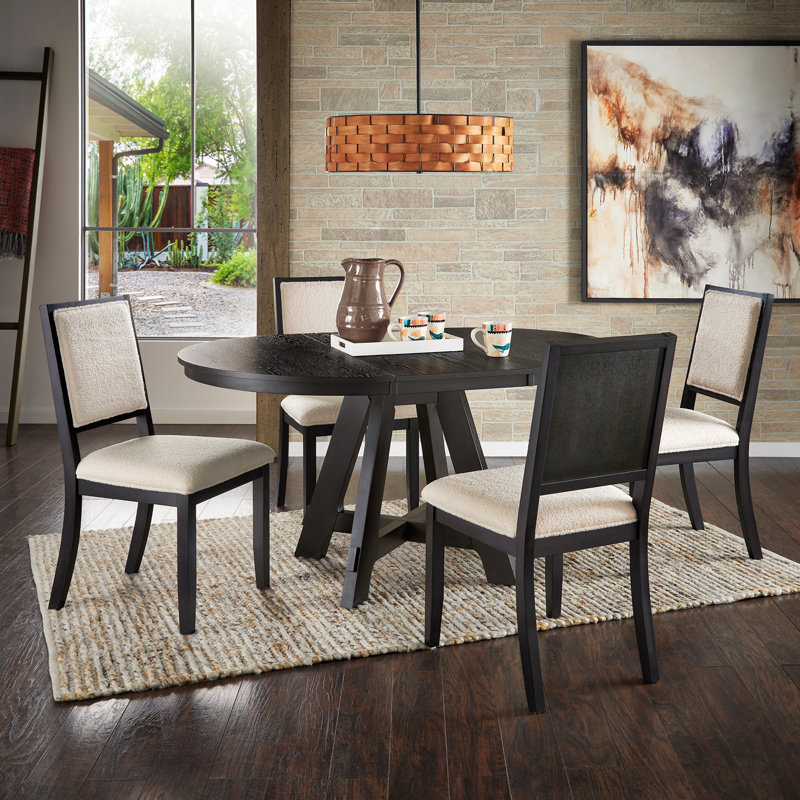 Cipolla 42"-60" Wood Finish Extendable Round Dining Set - 5-Piece, Dining Table And Cream Boucle Fabric Dining Chairs, Black