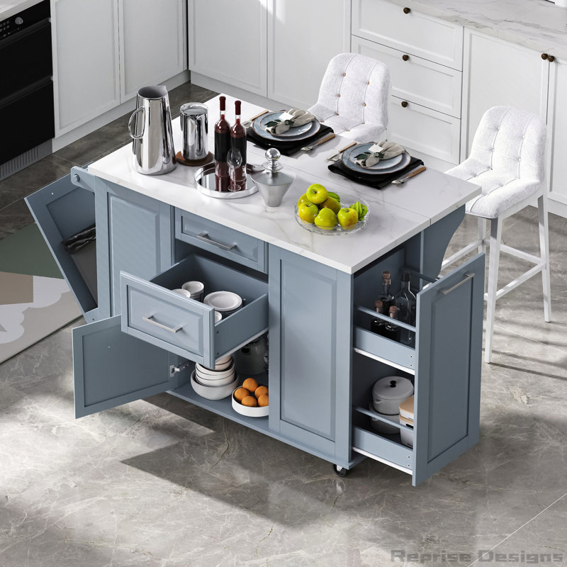 Îlot de cuisine 50,7 po avec rangement et poubelle basculante inclinable, Bleu gris