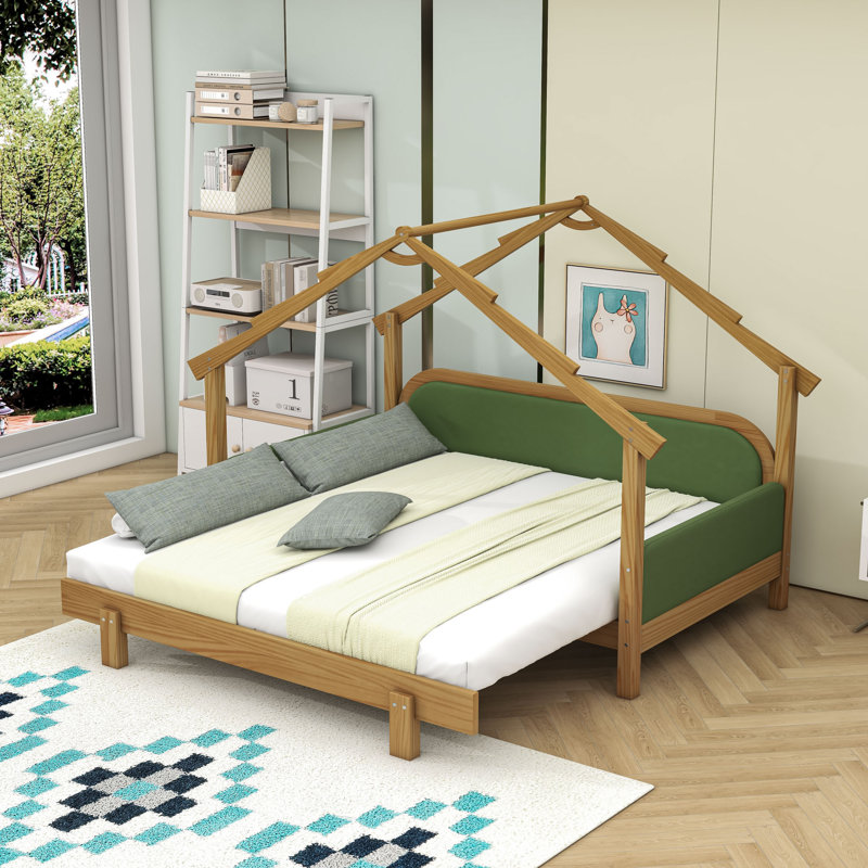 Lit simple en bois avec rails rembourrés, Vert