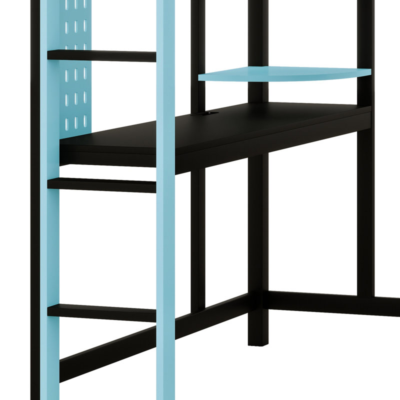 Modern Loft Bed with Integrated Desk and Open Wardrobe Storage, Blue