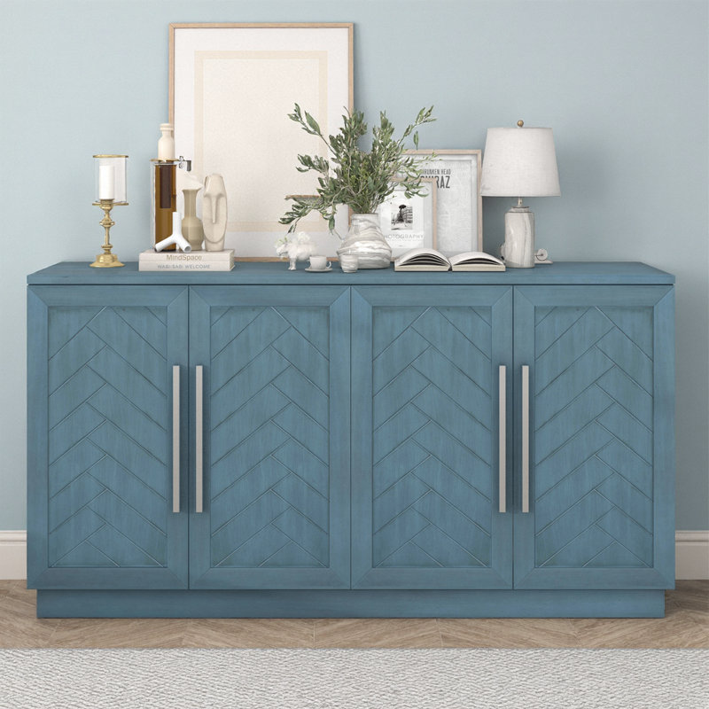 60" Sideboard – Silver Handles, Adjustable Shelves, Dining/Kitchen Storage, Blue