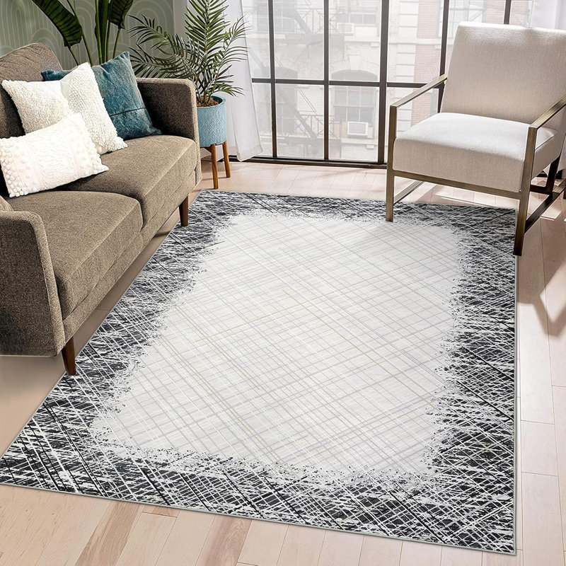 Washable Area Rug ,Non Slip Low Pile Pearl Velvet Abstract Carpet, Modern Rug for Living Room Bedroom,Gray, Square 1'7"